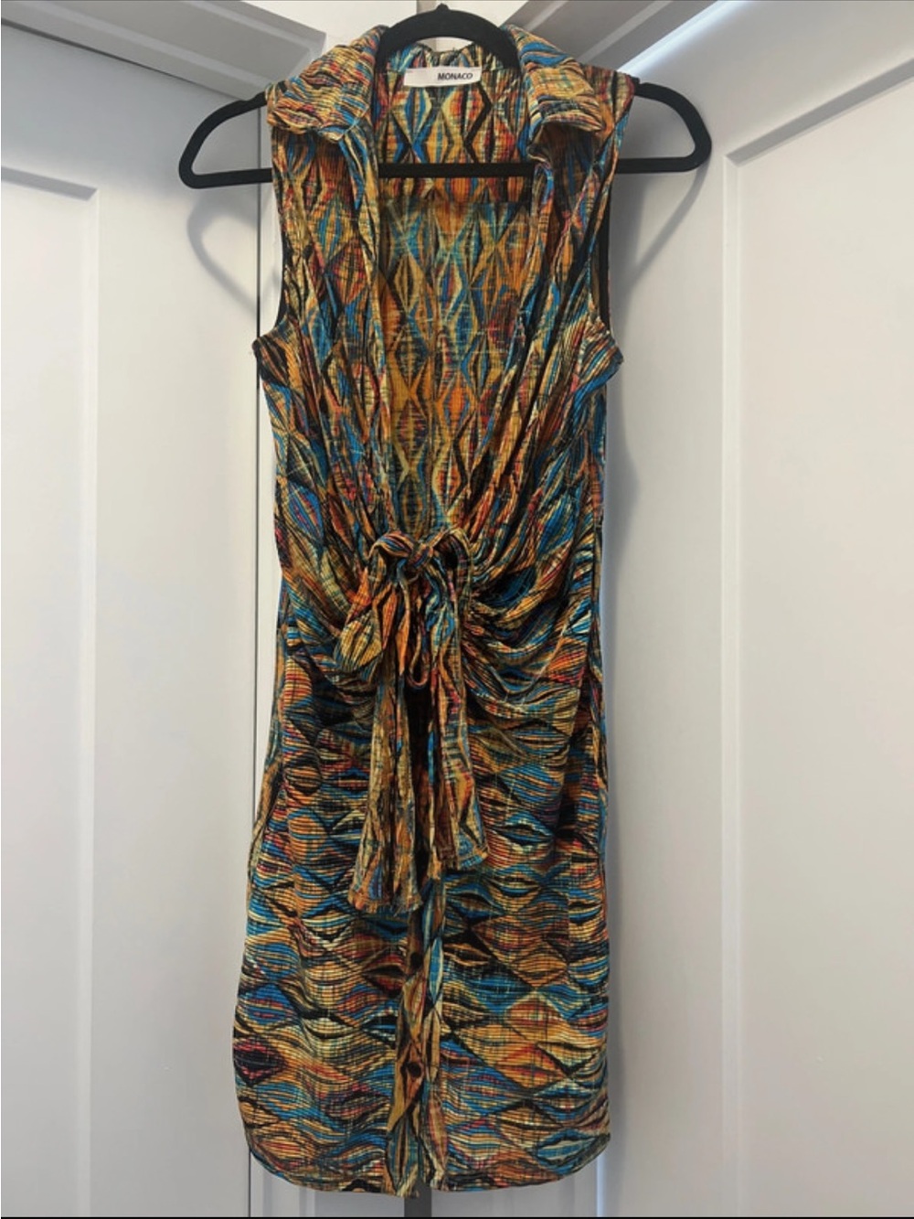 monaco Multicolor Sleeveless Knot-Front Geometric Dress